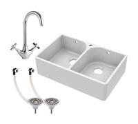 Fireclay Double Bowl Belfast Sink with Tap Hole & Full Weir, Basket Strainer Waste & Mono Kitchen Sink Mixer Tap