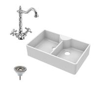 895mm - Two Bowl Fireclay Butler Kitchen Sink - Stepped Weir, Classic Tap & Wastes