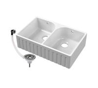 Balterley Fireclay Double Bowl Fluted Front Butler Kitchen Sink, Brushed Nickel in White Balterley White