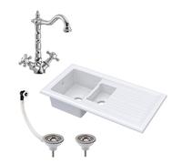 Balterley Fireclay Drop In Sink 1.5 Bowl Drainer Tap Waste 1010mm in White Balterley White