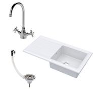 Balterley Fireclay Drop In Sink 1 Bowl Drainer Sink Mixer Tap Waste 1010mm in White Balterley White