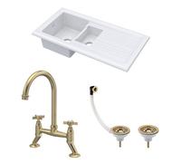 Balterley Fireclay Kitchen Bundle 1.5 Bowl Sink With Drainer, Waste & Bridge Crosshead Tap, 1010mm - Brushed Brass