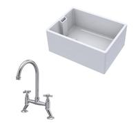 Fireclay Kitchen Bundle - 1 Bowl Belfast Sink & Bridge Crosshead Mixer Tap, 615mm - Brushed Nickel