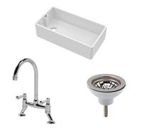 Balterley Fireclay Kitchen Bundle 1 Bowl Belfast Sink With Strainer Waste & Bridge Mixer Tap, 895mm Chrome