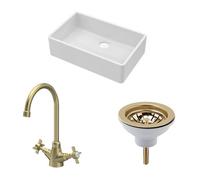 Fireclay Kitchen Bundle - Single Bowl Butler Sink, Waste & Mono Crosshead Tap, 795mm - Brushed Brass - Balterley