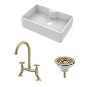 Balterley Fireclay Kitchen Bundle - 1 Bowl Butler Sink With Tap Ledge, Waste & Bridge Tap - 795mm - Brushed Brass