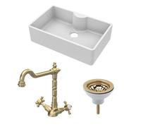 Balterley Fireclay Kitchen Bundle - 1 Bowl Butler Sink With Tap Ledge, Waste & Classic Tap, 795mm - Brushed Brass