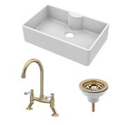 Balterley Fireclay Kitchen Bundle - 1 Bowl Butler Sink With Tap Ledge, Waste & Lever Tap - 795mm - Brushed Brass