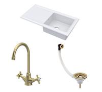 Balterley Fireclay Kitchen Bundle - 1 Bowl Sink & Drainer With Waste & Mono Crosshead Tap, 1010mm - Brushed Brass