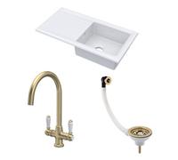 Balterley Fireclay Kitchen Bundle - 1 Bowl Sink & Drainer With Waste & Mono Lever Tap, 1010mm - Brushed Brass