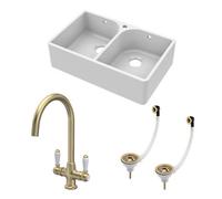 Balterley Fireclay 2 Bowl Full Weir Butler Sink Wastes Tap Brushed Brass 795mm in White Balterley White