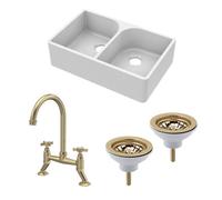 Balterley Fireclay Kitchen Bundle - 2 Bowl Full Weir Butler Sink No Overflow W/ Wastes & Bridge Tap, 795mm - Brushed Brass