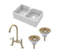 Balterley Fireclay Kitchen Bundle - 2 Bowl Full Weir Butler Sink No Overflow With Wastes & Tap - 795mm - Brushed Brass
