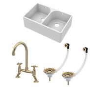 Balterley Fireclay Kitchen Bundle - 2 Bowl Full Weir Butler Sink With Wastes & Bridge Crosshead Tap, 795mm - Brushed Brass