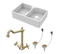 Balterley Fireclay Kitchen Bundle - 2 Bowl Full Weir Butler Sink With Wastes & French Classic Tap, 795mm - Brushed Brass
