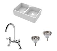 Fireclay Kitchen Bundle - 2 Bowl Stepped Weir Butler Sink, Wastes & Bridge Lever Tap, 795mm - Chrome