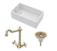 Fireclay Kitchen Bundle - 795mm 1 Bowl Belfast Sink with Strainer Waste & French Classic Tap, Brushed Brass