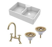 Fireclay Kitchen Bundle - 895mm Double Bowl Butler Sink with 2 Wastes & Bridge Crosshead Tap - Brushed Brass