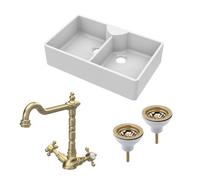 Fireclay Kitchen Bundle - 895mm Double Bowl Butler Sink with 2 Wastes & French Classic Tap - Brushed Brass
