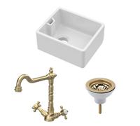 Balterley Fireclay Kitchen Bundle: Single Bowl Belfast Sink, Strainer Waste & French Classic Tap, 460mm - Brushed Brass