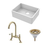 Balterley Fireclay Kitchen Bundle: Single Bowl Butler Sink, Strainer Waste & Bridge Lever Mixer Tap, 595mm - Brushed Brass