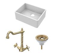 Fireclay Kitchen Bundle: Single Bowl Butler Sink, Strainer Waste & French Classic Mono Tap, 595mm - Brushed Brass