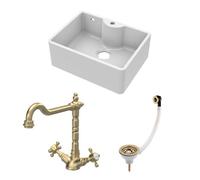 Balterley Fireclay Kitchen Bundle: Single Bowl Butler Sink With Overflow, Tap Hole, Waste & Classic Tap, 595mm - Brushed Brass