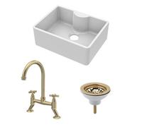 Balterley Fireclay Kitchen Bundle: Single Bowl Butler Sink With Tap Ledge, Waste & Bridge Tap, 595mm - Brushed Brass