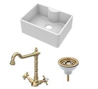 Balterley Fireclay Kitchen Bundle: Single Bowl Butler Sink With Tap Ledge, Waste & Classic Tap, 595mm - Brushed Brass