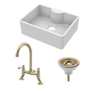 Balterley Fireclay Kitchen Bundle: Single Bowl Butler Sink With Tap Ledge, Waste & Lever Tap, 595mm - Brushed Brass