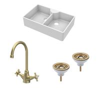 Fireclay Kitchen Sink Bundle - 895mm Double Bowl Butler with 2 Wastes & Mono Crosshead Tap - Brushed Brass