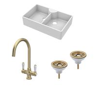 Fireclay 2 Bowl Butler Sink 2 x Wastes Tap Brushed Brass 895mm Balterley Bronze One Size