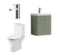 Balterley Flashbrook Contemporary Wall Hung 2 Door Bathroom Vanity Unit, Basin, Tap & Toilet Pack, Satin Green, 479mm