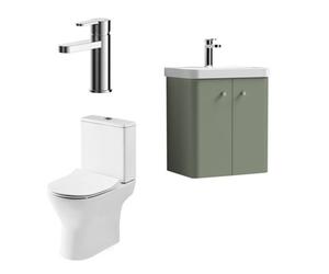 Balterley Flashbrook Contemporary Wall Hung 2 Door Bathroom Vanity Unit, Basin, Tap & Toilet Pack, Satin Green, 479mm