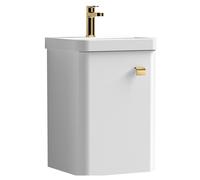 Balterley Flashbrook Modern Bathroom Wall Hung 1 Soft Close Door Vanity Unit & Ceramic Basin, Gloss White/Brushed Brass, 379mm