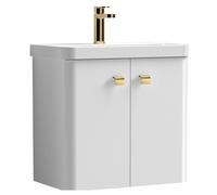 Balterley Flashbrook Modern Bathroom Wall Hung 2 Door Vanity Unit Basin, Gloss White/Brushed Brass, 579mm