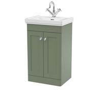 Traditional Floor Standing 2 Door Vanity Unit with 1 Tap Hole Fireclay Basin, 500mm - Satin Green