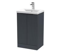 Balterley Fluted Front Floor Standing 2 Soft Close Door Bathroom Vanity Unit With 1 Tap Hole Basin, 500mm, Dark Grey, Black Handles