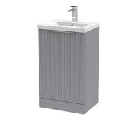 Balterley Fluted Front Floor Standing 2 Soft Close Door Bathroom Vanity Unit With 1 Tap Hole Basin, 500mm, Grey, Brushed Brass Handles