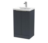 Balterley Fluted Front Floor Standing 2 Soft Close Door Bathroom Vanity Unit With 1 Tap Hole Basin, 500mm, Dark Grey, Brushed Brass Handles