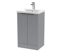 Balterley Fluted Front Floor Standing 2 Soft Close Door Bathroom Vanity Unit With 1 Tap Hole Basin, 500mm, Satin Grey, Black Handles