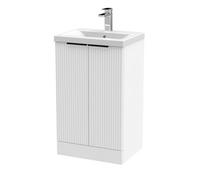 Balterley Fluted Front Floor Standing 2 Soft Close Door Bathroom Vanity Unit With 1 Tap Hole Basin, 500mm, Satin White, Black Handles