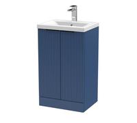 Balterley Fluted Front Floor Standing 2 Soft Close Door Bathroom Vanity Unit With 1 Tap Hole Basin, 500mm, Satin Blue, Black Handles