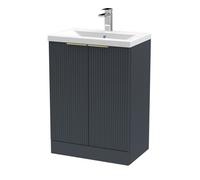 Balterley Fluted Front Floor Standing 2 Soft Close Door Bathroom Vanity Unit With 1 Tap Hole Basin, 600mm, Dark Grey, Brushed Brass Handles