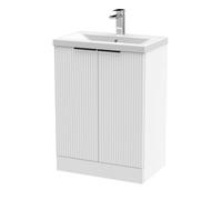 Balterley Fluted Front Floor Standing 2 Soft Close Door Bathroom Vanity Unit With 1 Tap Hole Basin, 600mm, Satin White, Black Handles