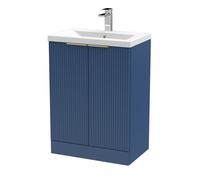Balterley Fluted Front Floor Standing 2 Soft Close Door Bathroom Vanity Unit With 1 Tap Hole Basin, 600mm, Satin Blue, Brushed Brass Handles