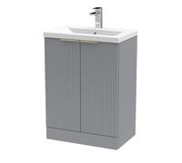 Balterley Fluted Front Floor Standing 2 Soft Close Door Bathroom Vanity Unit With 1 Tap Hole Basin, 600mm, Satin Grey, Brushed Brass Handles