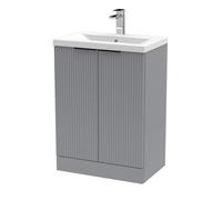 Balterley Fluted Front Floor Standing 2 Soft Close Door Bathroom Vanity Unit With 1 Tap Hole Basin, 600mm, Satin Grey, Black Handles