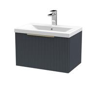 Balterley Fluted Front Wall Hung 1-Drawer Bathroom Vanity Unit With 1 Tap Hole Basin, 600mm, Satin Dark Grey, Brushed Brass Handles