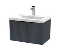 Balterley Fluted Front Wall Hung 1-Drawer Bathroom Vanity Unit With 1 Tap Hole Basin, 600mm, Satin Dark Grey, Black Handles